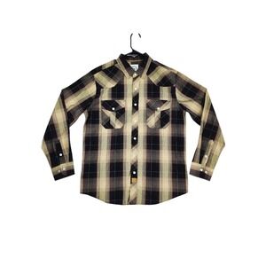 Dubinik Western Pearl Snap Shirt M Mens Brown Yellow Plaid Flannel‎ Cowboy Rodeo